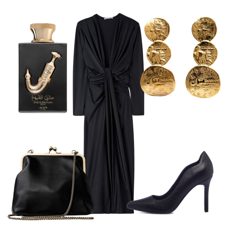 Outfit donna - Serata. Stile Chic per Serata fuori. Abbinamento con vestiti, profumi, décolleté, orecchini, clutch.