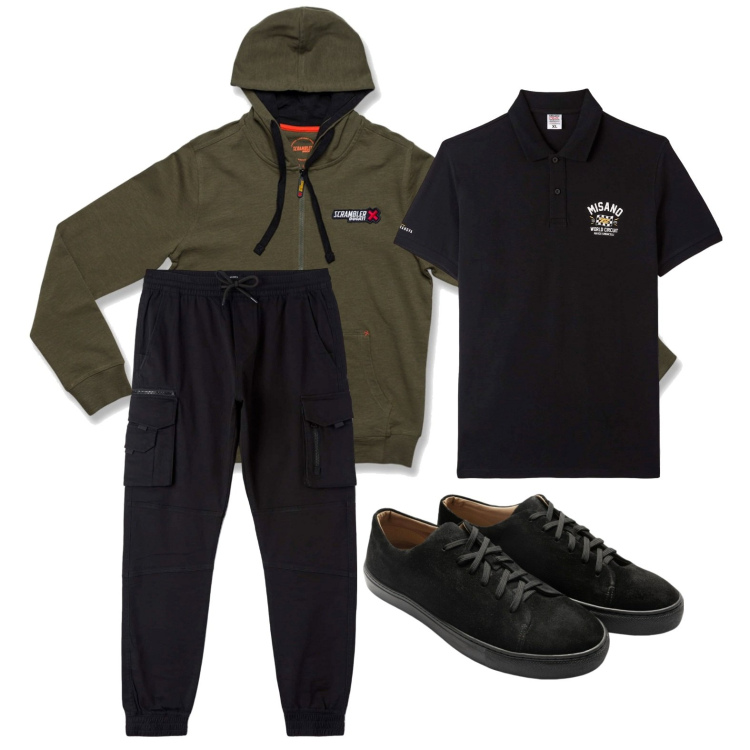 Outfit uomo - Ghost outfitter - ottobre. Stile Casual per Sport. Abbinamento con polo, pantaloni cargo, felpe con cappuccio, sneakers.