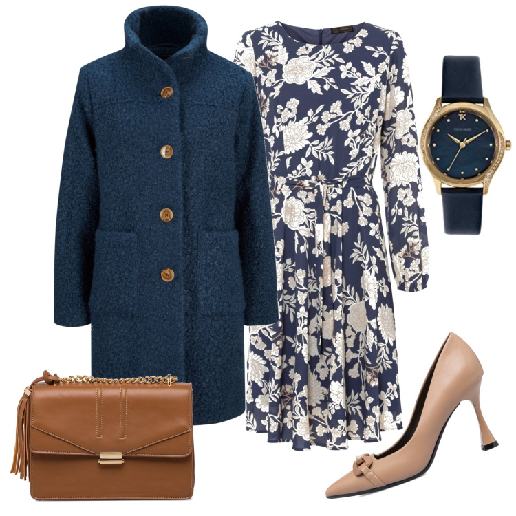 Outfit donna - Abito fantasia. Stile Casual chic per Tutti i giorni. Abbinamento con cappotti, vestiti, décolleté, borse a tracolla, orologi.