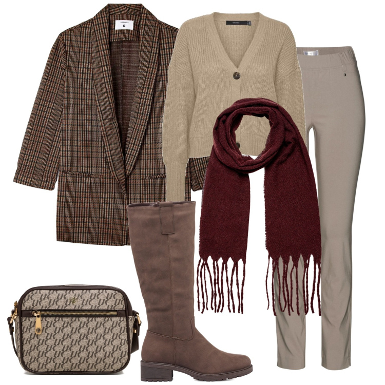 Outfit donna - In stile english. Stile Chic per Tutti i giorni. Abbinamento con pantaloni, cappotti, stivali sopra il ginocchio, cardigans, borse a tracolla, sciarpe.