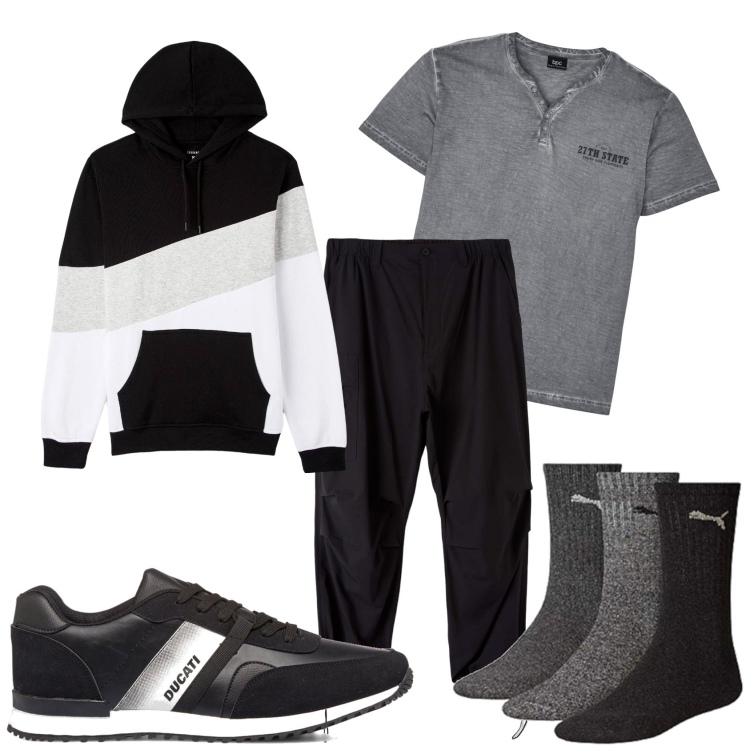 Outfit uomo - Grigio e nero sportivo. Stile Casual per Tutti i giorni. Abbinamento con t-shirt, pantaloni cargo, felpe con cappuccio, sneakers, calzini.