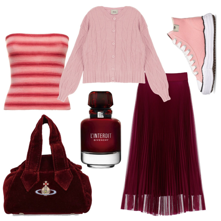 Outfit donna - Rouge noir. Stile Casual chic per Ufficio. Abbinamento con profumi, gonne longuette, pullovers, borse a mano, top, sneakers.