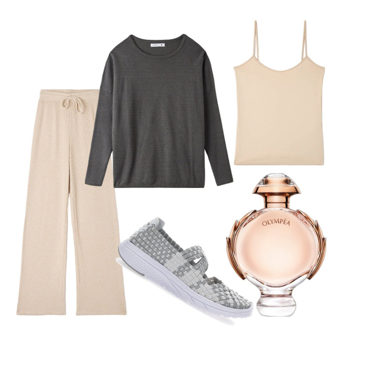Outfit donna - Cena informale. Stile Basic per Tutti i giorni. Abbinamento con profumi, pantaloni, maglieria, top, sneakers.