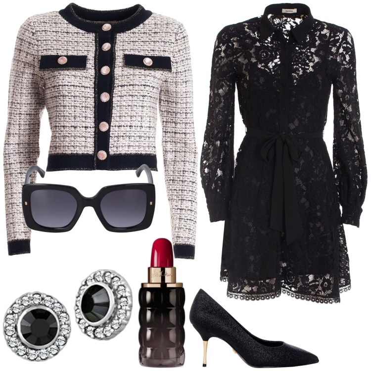 Outfit donna - Come Audrey. Stile Bon Ton per Cerimonia. Abbinamento con profumi, décolleté, blazer, vestiti chemisier, orecchini, occhiali da sole.