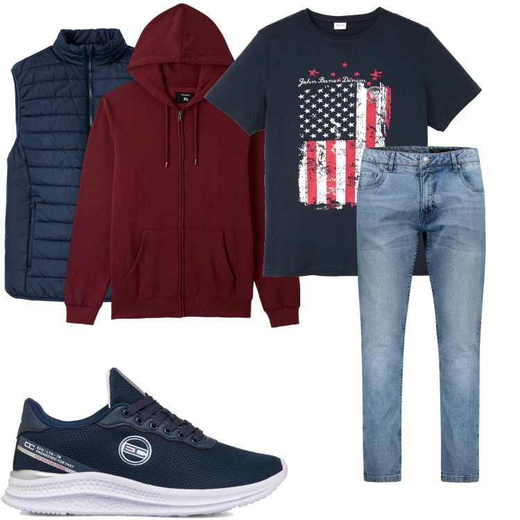 Outfit uomo - Jeans e felpa. Stile Casual per Tutti i giorni. Abbinamento con t-shirt, gilet, felpe con cappuccio, sneakers, jeans.