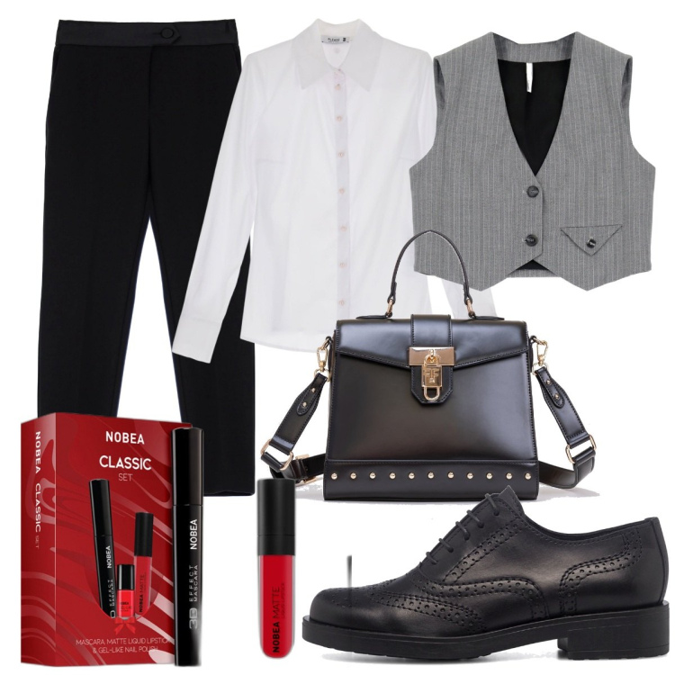 Outfit donna - Oxford e gilet. Stile Preppy per Ufficio. Abbinamento con mascara, camicie, borse tote, pantaloni, gilet, scarpe stringate.