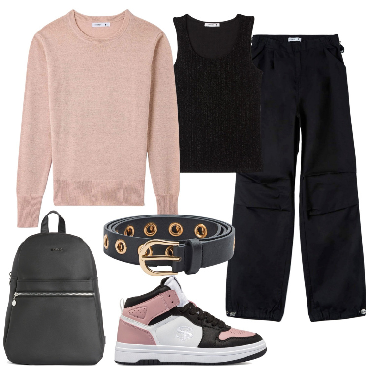 Outfit donna - Sportiva e trendy. Stile Casual per Tutti i giorni. Abbinamento con pantaloni cargo, maglieria, canottiere, cinture, zaini, sneakers alte.
