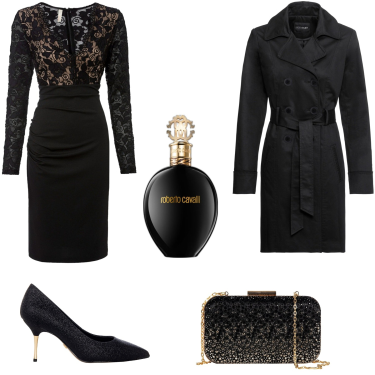 Outfit donna - La prima a teatro. Stile Chic per Serata fuori. Abbinamento con trench, vestiti, profumi, clutch, décolleté.