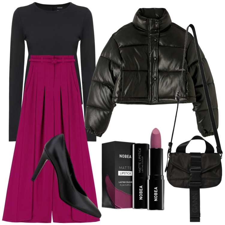 Outfit donna - Ottobre. Stile Glamour per Ufficio. Abbinamento con rossetti, piumini, pantaloni a palazzo, décolleté, borse a cartella, top.