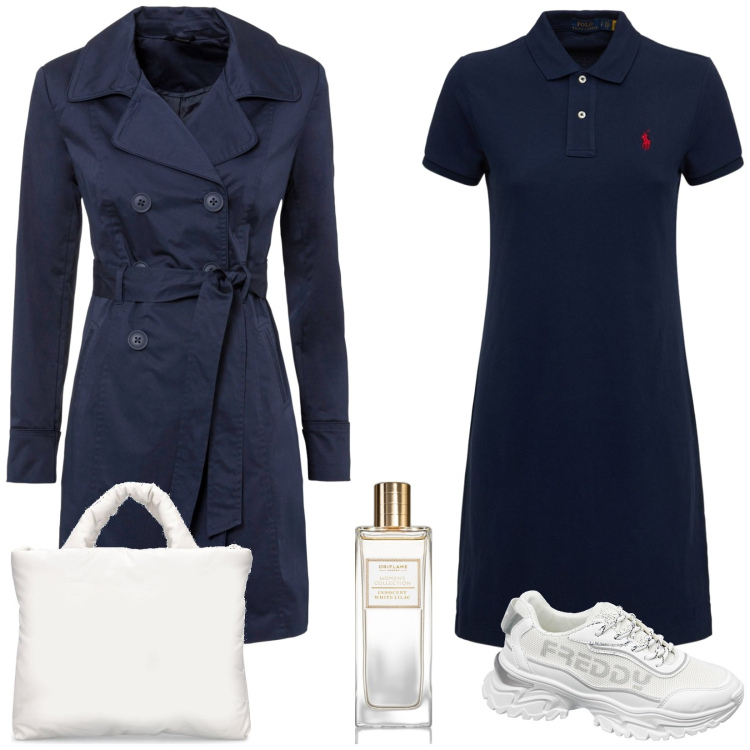 Outfit donna - Look fresco. Stile Sporty chic per Tutti i giorni. Abbinamento con trench, profumi, sneakers, vestiti, shopping bag.