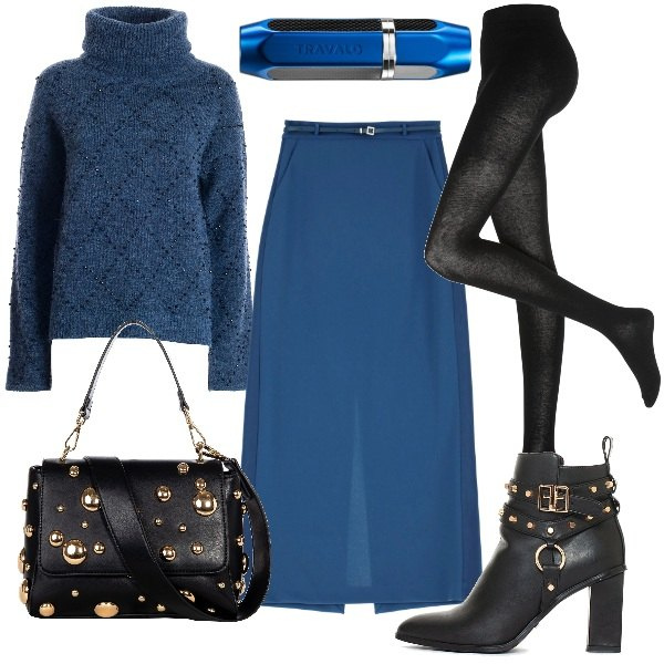 Outfit donna - blu e borchie. Stile Trendy per Tutti i giorni. Abbinamento con collant, profumi, borse a spalla, gonne lunghe, stivaletti, maglieria.