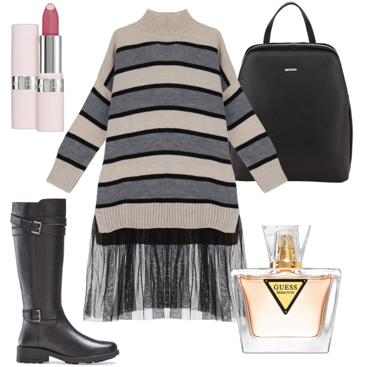 Outfit donna - Righe e tulle. Stile Trendy per Ufficio. Abbinamento con stivali, rossetti, profumi, zaini, vestiti corti.