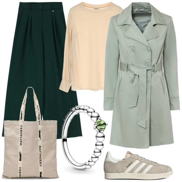 Outfit donna - Di verde in meglio. Stile Casual per Tutti i giorni. Abbinamento con trench, pantaloni a palazzo, camicie, sneakers, anelli, borse tote.