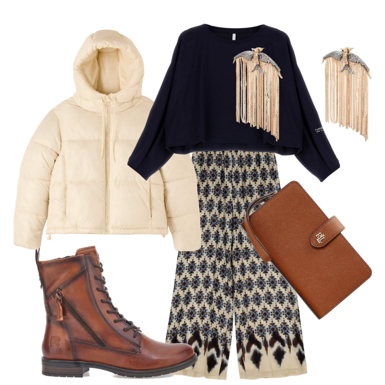 Outfit donna - Vintage palazzo. Stile Vintage retrò per Tutti i giorni. Abbinamento con felpe, orecchini, piumini, pantaloni a palazzo, pochette, anfibi.