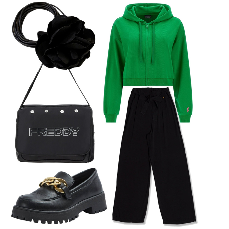 Outfit donna - Total look #1746877. Stile Casual chic per Tutti i giorni. Abbinamento con mocassini, borse messenger, felpe con cappuccio, pantaloni, collane.