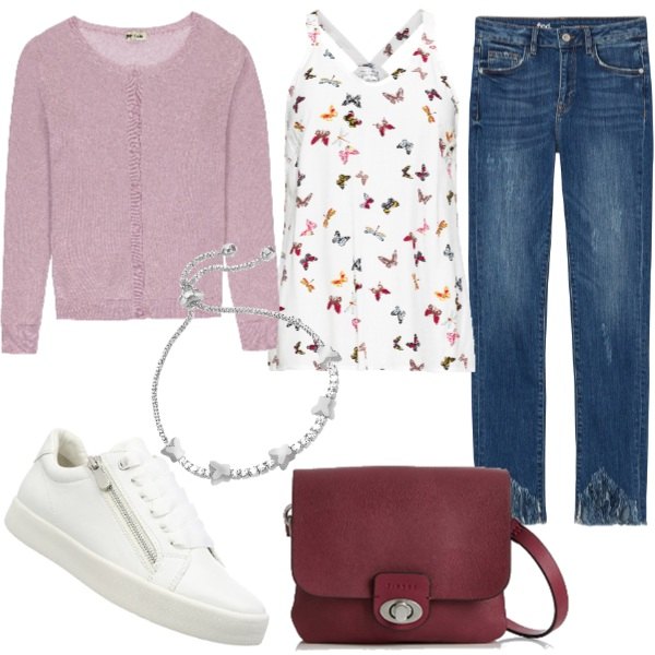 Outfit donna - Orlo sfrangiato. Stile Basic per Tutti i giorni. Abbinamento con top, cardigan effetto laminato a maniche lunghe filato rosa, jeans forma asimmetrica con frange in denim con orlo blu, scarpe da ginnastica bianco, bracciale, borsa a spalla rosso.