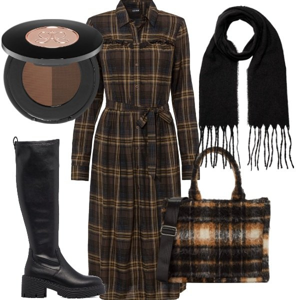 Outfit donna - arriva il freddo. Stile Casual per Tutti i giorni. Abbinamento con vestiti, ciprie, shopping bag, stivali sopra il ginocchio, sciarpe.