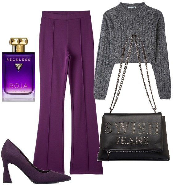 Outfit donna - pomeriggio di shopping. Stile Casual per Tutti i giorni. Abbinamento con profumi, pantaloni, maglieria, décolleté, borse a tracolla.