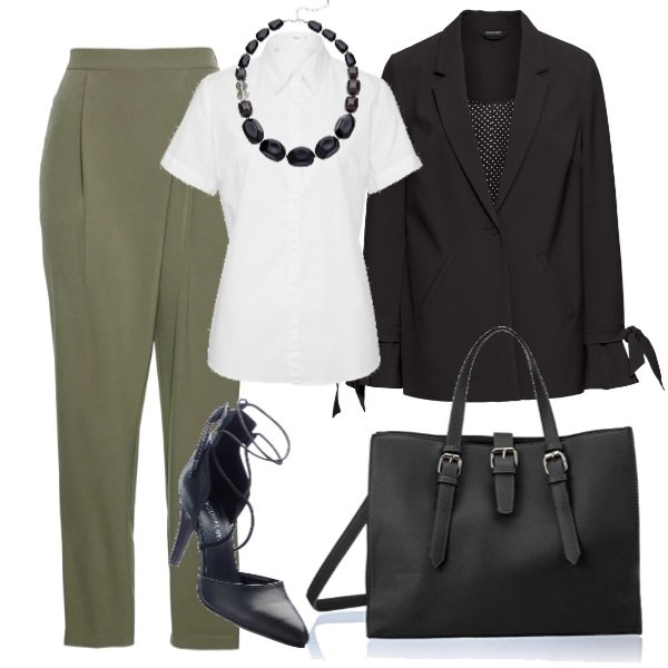 Outfit donna - Il pantalone verde oliva. Stile Bon Ton per Ufficio. Abbinamento con camicie a manica corta, pantalone con pieghe verde, blazer oversize nero, collana nero, décolleté pumps con lacci nero, shopping bag.