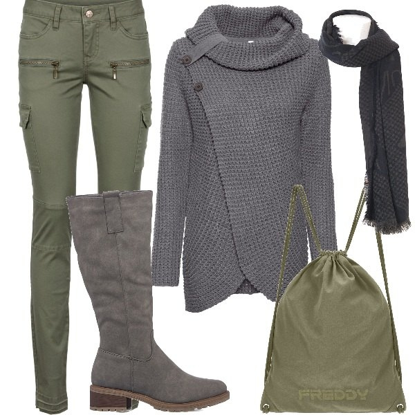 Outfit donna - vado a fare la spesa. Stile Casual per Tutti i giorni. Abbinamento con maglieria, pantaloni cargo, foulard, zaini, stivali sopra il ginocchio.
