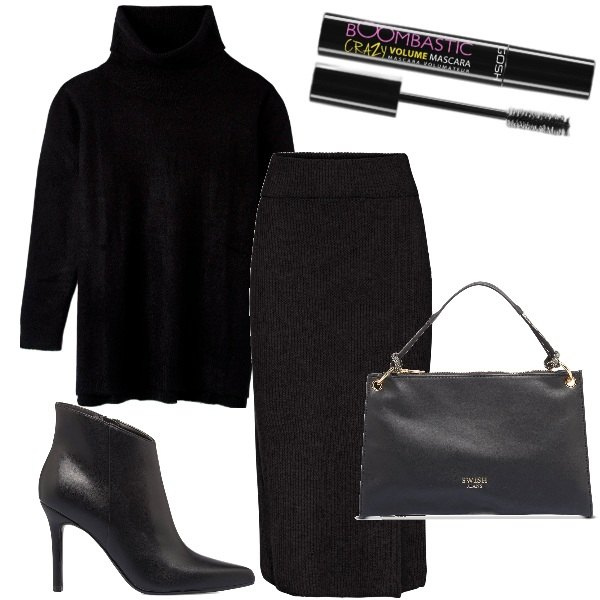 Outfit donna - tubino e maxi maglia total black. Stile Casual chic per Tutti i giorni. Abbinamento con gonne, mascara, maglieria, stivaletti, borse a mano.