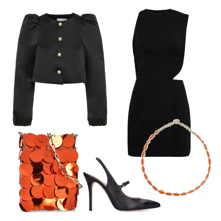 Outfit donna - Halloween chic. Stile Chic per Serata fuori. Abbinamento con vestiti, collane, giacche, borse a spalla, décolleté.