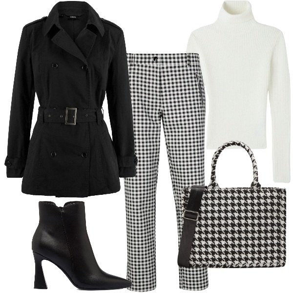 Outfit donna - ufficio in stile low cost. Stile Trendy per Ufficio. Abbinamento con trench, pantaloni, maglieria, shopping bag, stivaletti.