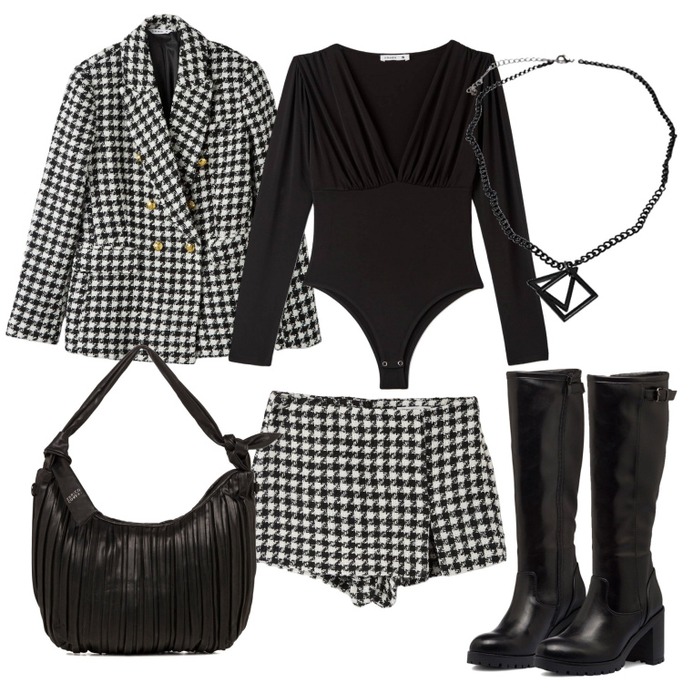 Outfit donna - Chic rock. Stile Rock per Serata fuori. Abbinamento con gonne, body, blazer, stivali sopra il ginocchio, borse a spalla, collane.