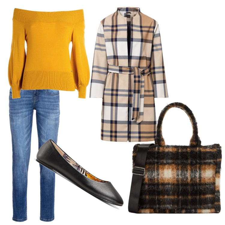 Outfit donna - Giornata dedicata. Stile Casual chic per Tutti i giorni. Abbinamento con ballerine, jeans mom, cappotti, shopping bag, maglieria.