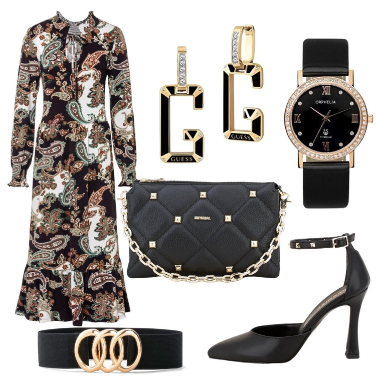 Outfit donna - Fantasia elegante. Stile Trendy per Ufficio. Abbinamento con cinture, vestiti, pochette, décolleté, orologi analogici, orecchini.