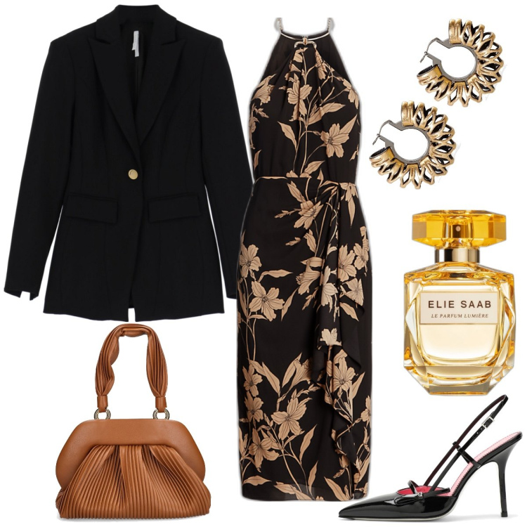 Outfit donna - Aperitivo. Stile Chic per Serata fuori. Abbinamento con profumi, cappotti, vestiti, pochette, orecchini, scarpe col tacco.
