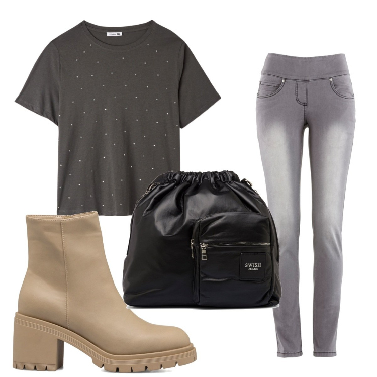 Outfit donna - Total look #1747049. Stile Basic per Scuola/Università. Abbinamento con jeans slim fit, t-shirt, stivaletti, borse a spalla.