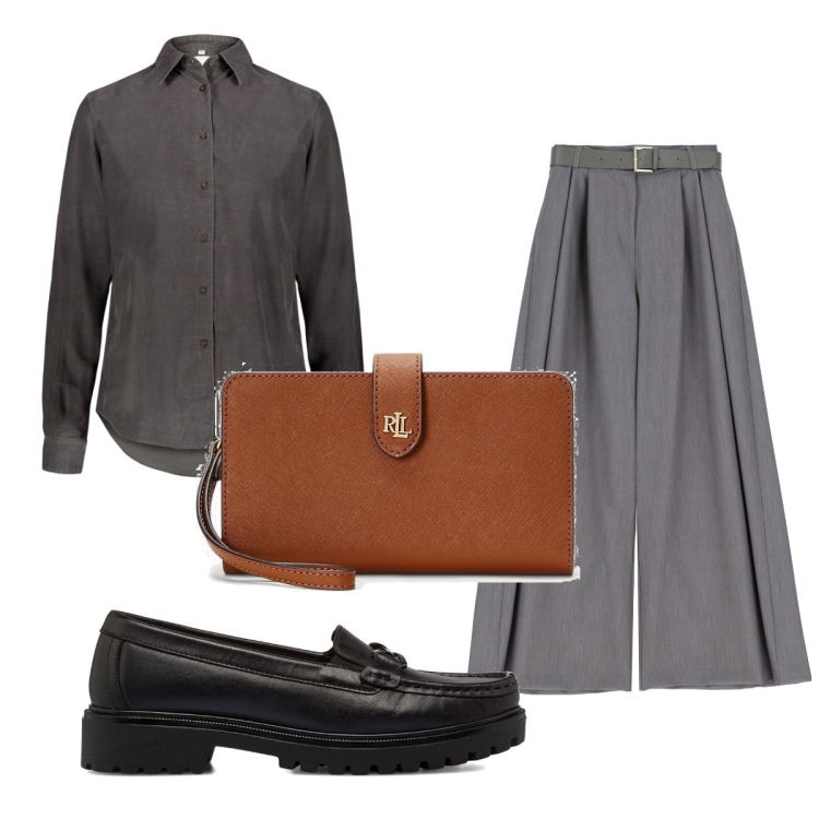 Outfit donna - Total look #1747052. Stile Minimal per Tutti i giorni. Abbinamento con pantaloni a palazzo, camicie, pochette, mocassini.