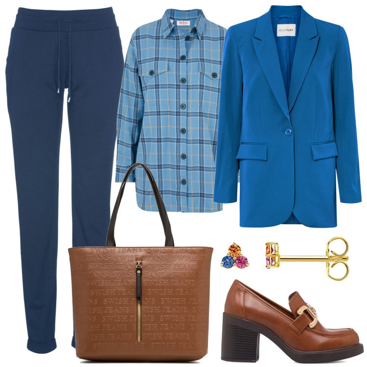 Outfit donna - Tutto il giorno fuori. Stile Preppy per Tutti i giorni. Abbinamento con camicie, blazer, pantaloni, mocassini, borse a spalla, orecchini.