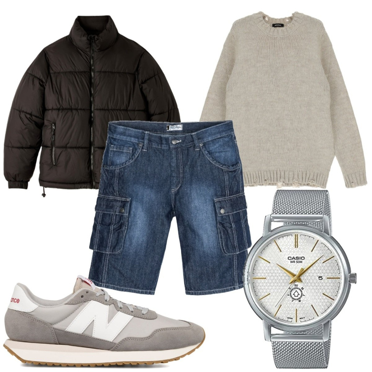 Outfit uomo - Total look #1747083. Stile Trendy per Tutti i giorni. Abbinamento con bermuda, piumini, pullovers, sneakers, orologi analogici.