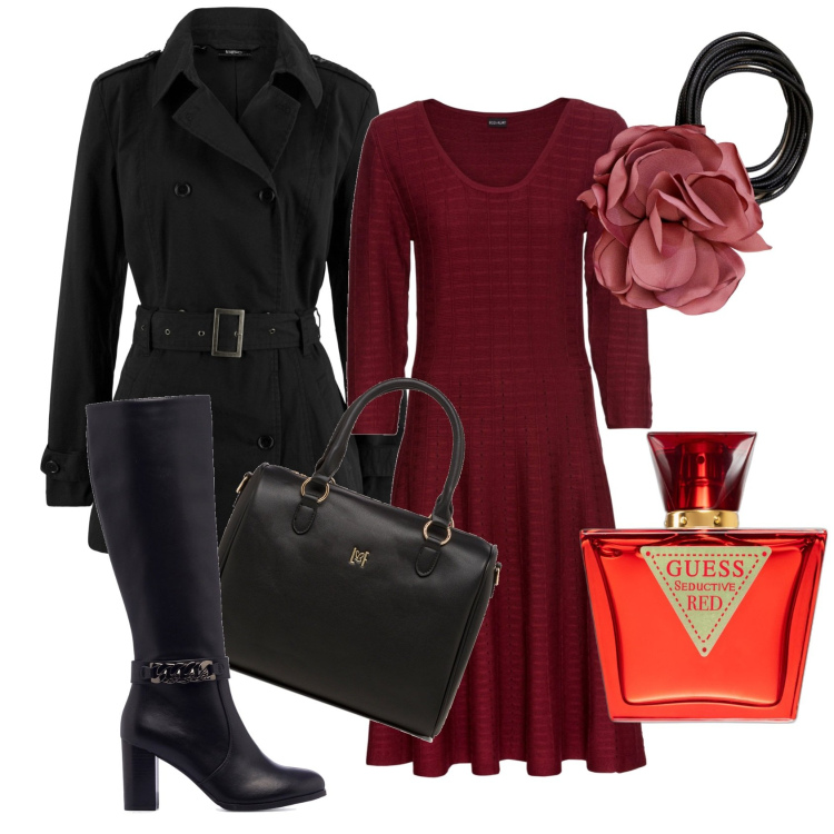 Outfit donna - Abito in maglia svasato. Stile Casual chic per Ufficio. Abbinamento con vestiti, trench, profumi, stivali sopra il ginocchio, borse a mano, collane.