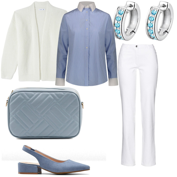 Outfit donna - In bianco vado in ufficio. Stile Glamour per Ufficio. Abbinamento con pantaloni, décolleté, cardigans, borse a tracolla, camicie, orecchini.