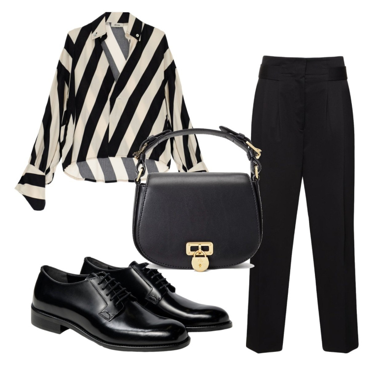 Outfit donna - Total look #1747162. Stile Trendy per Tutti i giorni. Abbinamento con camicie, borse a tracolla, scarpe stringate, pantaloni.