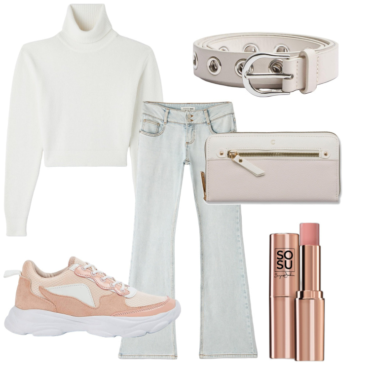 Outfit donna - Come on. Stile Casual per Tutti i giorni. Abbinamento con blush, jeans a zampa, sneakers, maglieria, cinture, portafogli.