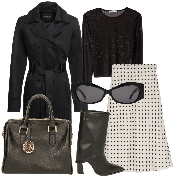 Outfit donna - Ghost outfitter - ottobre. Stile Trendy per Tutti i giorni. Abbinamento con trench, t-shirt, stivaletti, borse a mano, gonne longuette, occhiali da sole.
