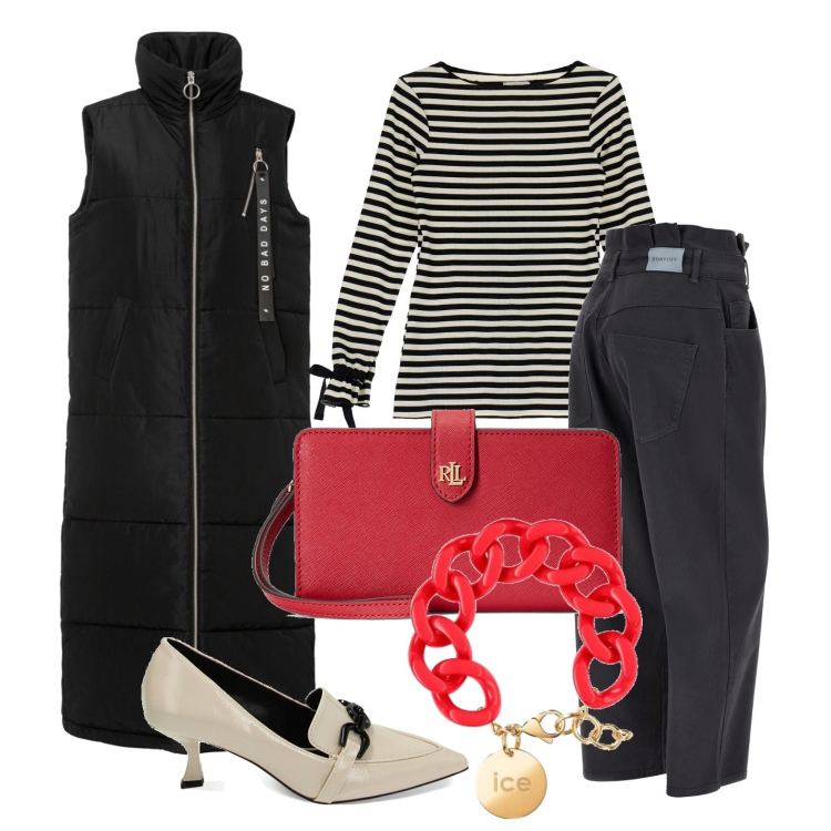 Outfit donna - Ghost outfitter - ottobre. Stile Casual chic per Tutti i giorni. Abbinamento con gilet, mocassini, jeans, pochette, maglieria, braccialetti.