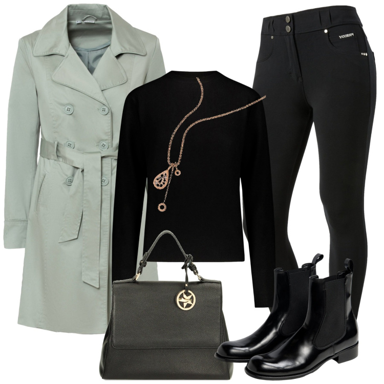 Outfit donna - Rainy day. Stile Casual chic per Tutti i giorni. Abbinamento con trench, pantaloni skinny, borse a mano, maglieria, stivaletti chelsea, collane.