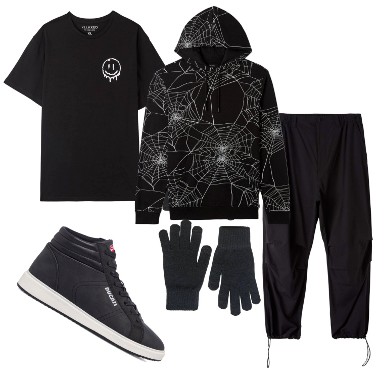 Outfit uomo - Halloween night. Stile Urban Abbinamento con pantaloni cargo, t-shirt, felpe con cappuccio, guanti, sneakers alte.
