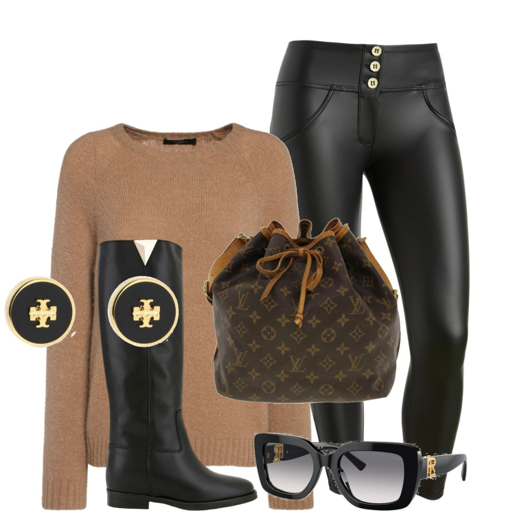 Outfit donna - Ottobre. Stile Casual chic per Tutti i giorni. Abbinamento con borse a spalla, pantaloni skinny, stivali, occhiali da sole, maglieria, orecchini.