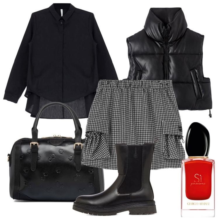 Outfit donna - Originale in città. Stile Trendy per Ufficio. Abbinamento con profumi, piumini, minigonne, camicie, borse a mano, stivaletti.