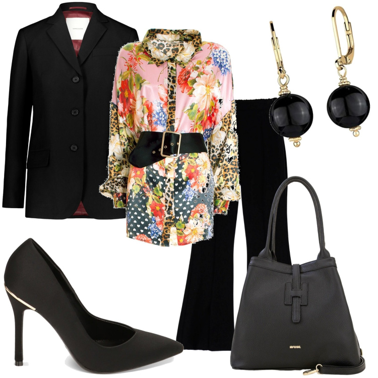 Outfit donna - In tacco alto e chic. Stile Chic per Serata fuori. Abbinamento con camicie, pantaloni, borse a secchiello, décolleté, blazer, orecchini.
