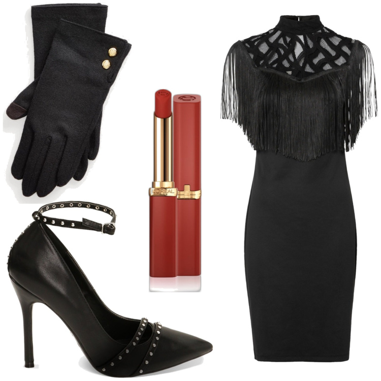 Outfit donna - Fascino tenebroso. Stile Glamour per Serata fuori. Abbinamento con vestiti, rossetti, décolleté, guanti.