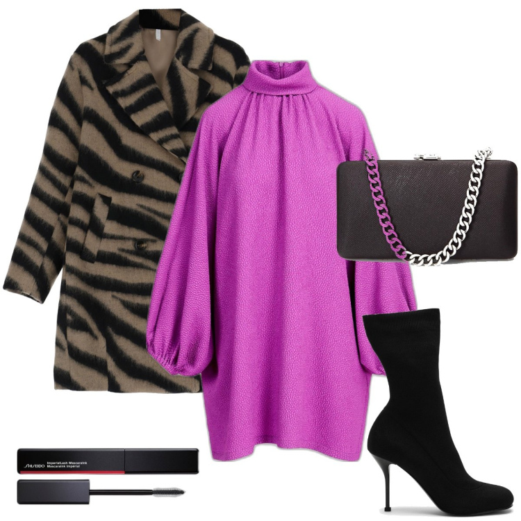 Outfit donna - Il cappotto animalier. Stile Glamour per Serata fuori. Abbinamento con mascara, cappotti, vestiti corti, clutch, stivali.