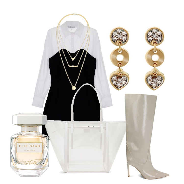 Outfit donna - Ghost outfitter - ottobre. Stile Trendy per Tutti i giorni. Abbinamento con profumi, vestiti corti, stivali sopra il ginocchio, collane, orecchini, borse tote.