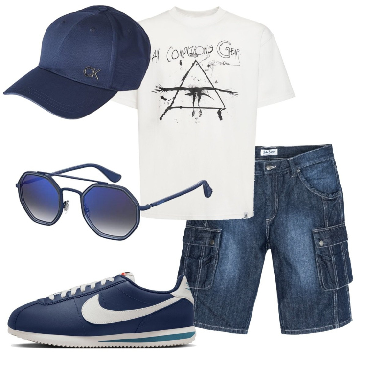 Outfit uomo - Triangolo. Stile Casual per Tutti i giorni. Abbinamento con bermuda, sneakers, cappelli con visiera, occhiali da sole, t-shirt.